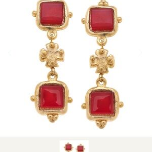 Susan Shaw Gold and Red Double Drop Earrings with Vintage Design